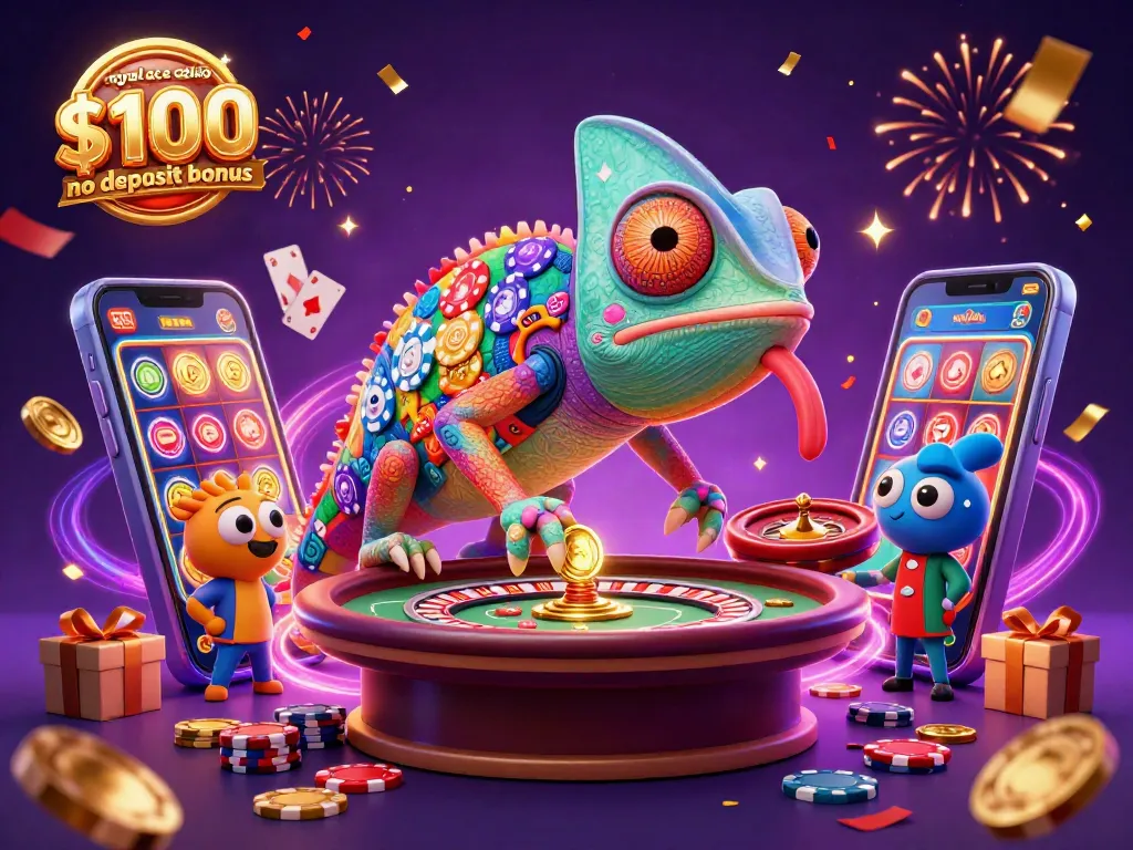 Experience the royal ace casino $100 no deposit bonus with a vibrant chameleon casino owner amidst festive gaming elements.