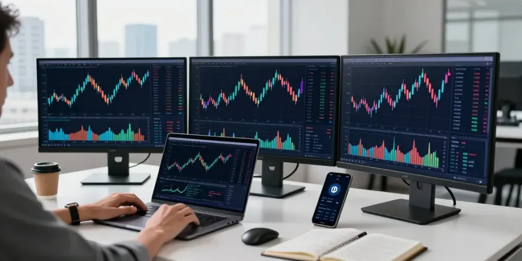Explore a market data API in a high-tech trading setup featuring cryptocurrency dashboards and analytics.